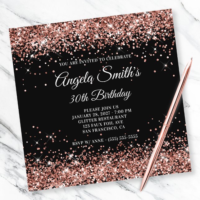 Sparkly Rose Gold Glitter 30th Birthday Black Invitation (Creator Uploaded)