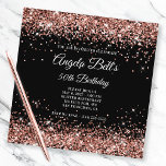 Sparkly Rose Gold Glitter 50th Birthday Black Invitation<br><div class="desc">A glamourous faux sparkly rose gold glitter and solid colour black 50th birthday invitation for her. If you need help changing the calligraphy or font style of the "YOU ARE INVITED TO CELEBRATE" or the "50th Birthday" text on the front and back, send a request through the system. I can...</div>