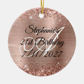 Sparkly Rose Gold Glitter and Foil 21st Birthday Ceramic Tree Decoration