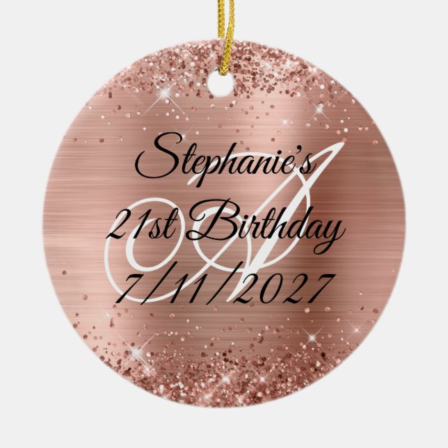 Sparkly Rose Gold Glitter and Foil 21st Birthday Ceramic Tree Decoration (Front)
