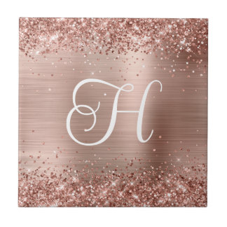 Sparkly Rose Gold Glitter and Foil Monogram Tile