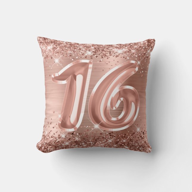 Sparkly Rose Gold Glitter and Foil Sweet 16 Cushion (Front)