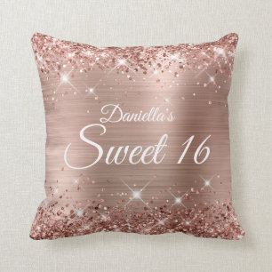 Sparkly Rose Gold Glitter and Foil Sweet 16 Cushion