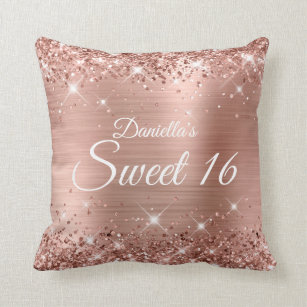 Sparkly Rose Gold Glitter and Foil Sweet 16 Cushion