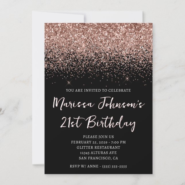 Sparkly Rose Gold Glitter Black 21st Birthday Invitation (Front)