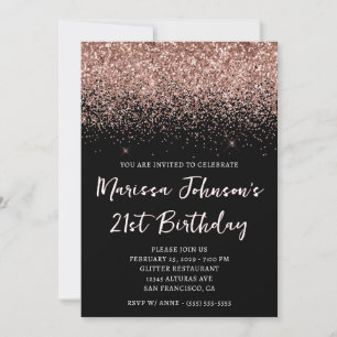 Sparkly Rose Gold Glitter Black 21st Birthday Invitation