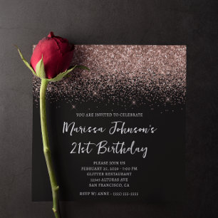 Sparkly Rose Gold Glitter Black 21st Birthday Invitation