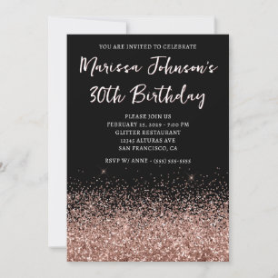 Sparkly Rose Gold Glitter Black 30th Birthday Invitation