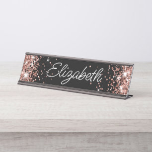 Sparkly Rose Gold Glitter Black Desk Name Plate