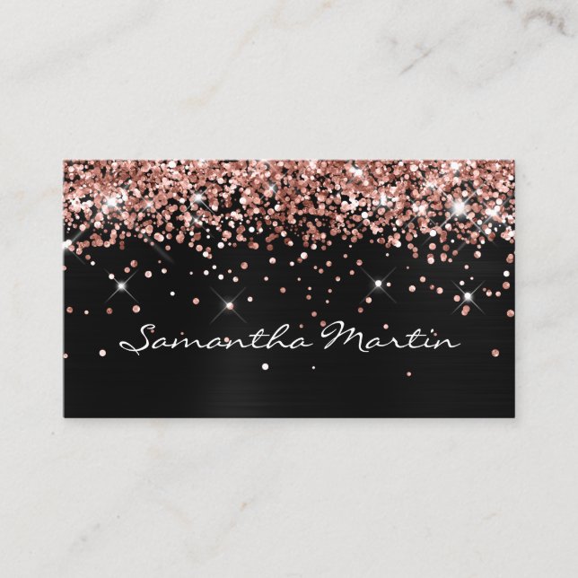 Sparkly Rose Gold Glitter Black Foil Business Card (Front)