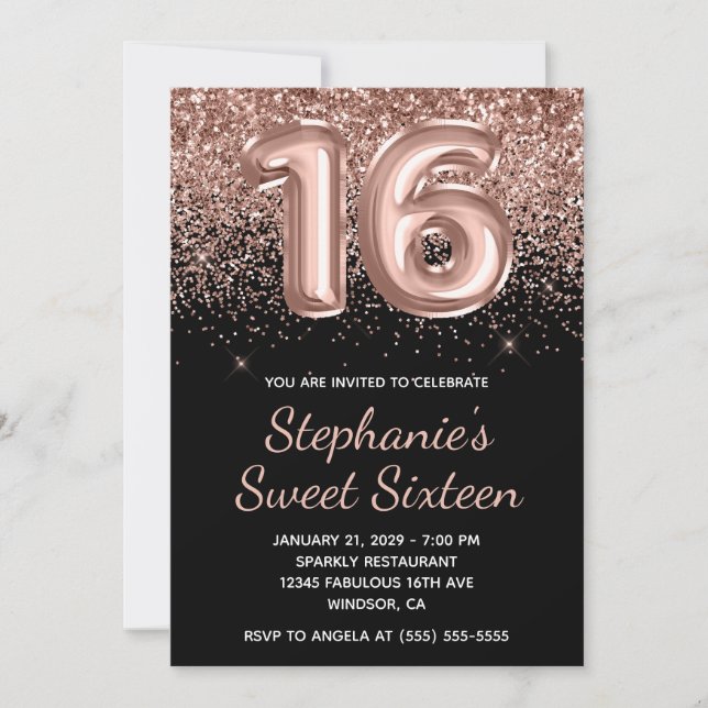 Sparkly Rose Gold Glitter Black Number 16 Birthday Invitation (Front)