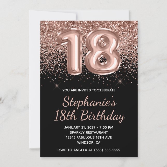 Sparkly Rose Gold Glitter Black Number 18 Birthday Invitation (Front)