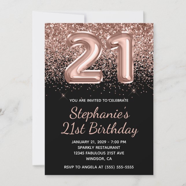 Sparkly Rose Gold Glitter Black Number 21 Birthday Invitation (Front)