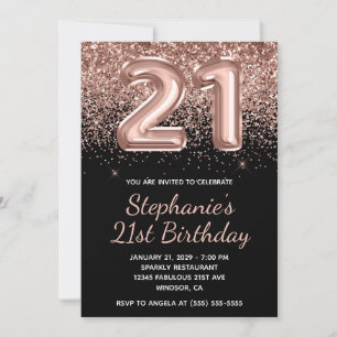 Sparkly Rose Gold Glitter Black Number 21 Birthday Invitation