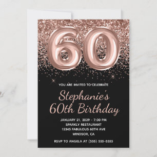 Sparkly Rose Gold Glitter Black Number 60 Birthday Invitation