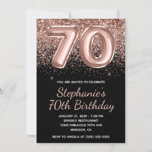 Sparkly Rose Gold Glitter Black Number 70 Birthday Invitation