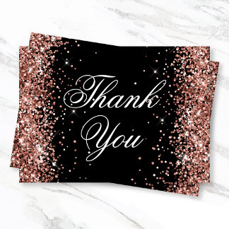 Sparkly Rose Gold Glitter Black Thank You Card