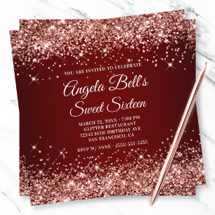 Sparkly Rose Gold Glitter Dark Red Sweet Sixteen Invitation
