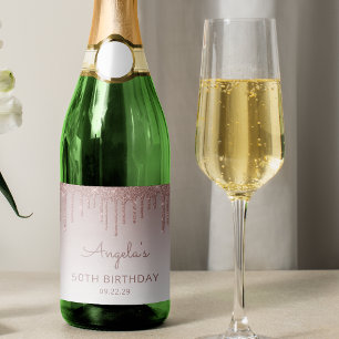 Sparkly Rose Gold Glitter Drip 50th Birthday Party Sparkling Wine Label