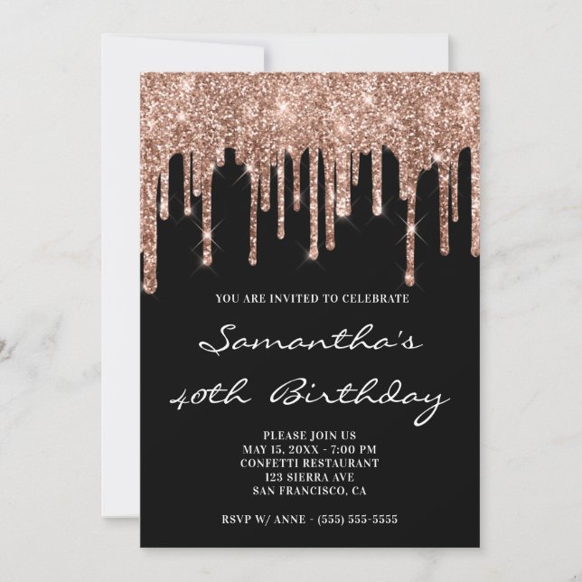 Sparkly Rose Gold Glitter Drips Black Birthday Invitation (Front)