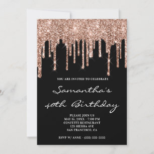 Sparkly Rose Gold Glitter Drips Black Birthday Invitation