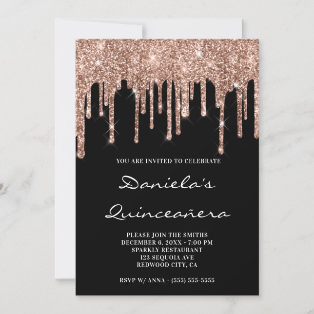 Sparkly Rose Gold Glitter Drips Black Quinceañera Invitation (Front)