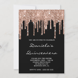 Sparkly Rose Gold Glitter Drips Black Quinceañera Invitation