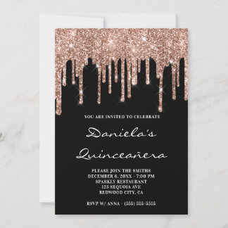 Sparkly Rose Gold Glitter Drips Black Quinceañera Invitation