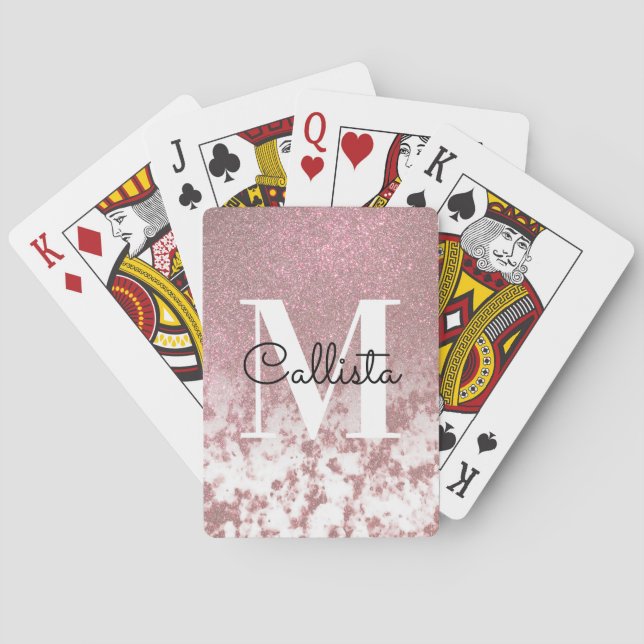 Sparkly Rose Gold Glitter Marble Ombre Monogram Playing Cards (Back)