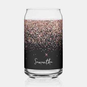 Sparkly Rose Gold Glitter on Black Can Glass