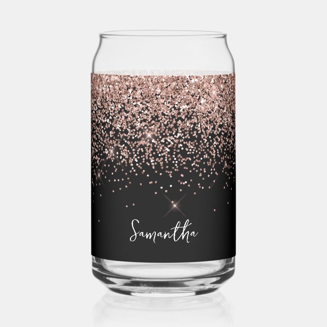 Sparkly Rose Gold Glitter on Black Can Glass (Front)
