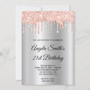 Sparkly Rose Gold Glittery Drips Silver Ombre Invitation