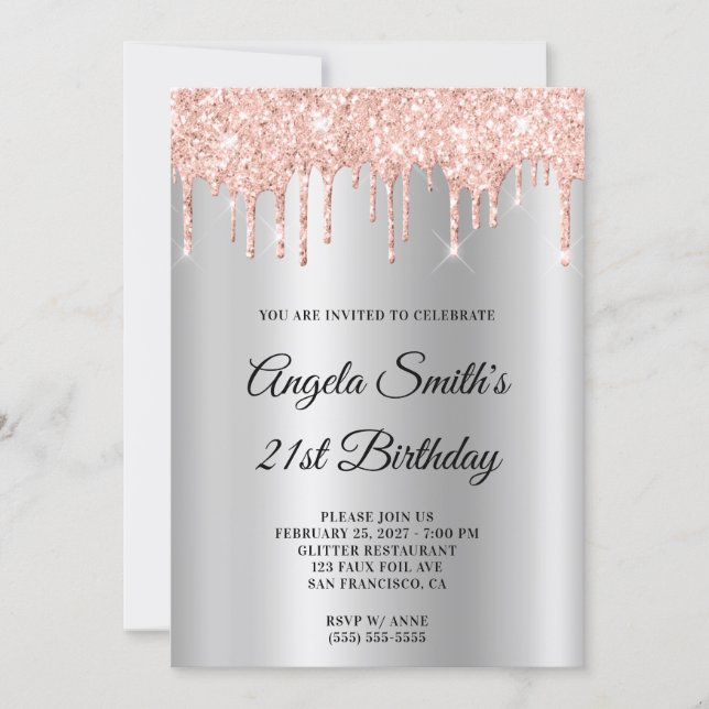 Sparkly Rose Gold Glittery Drips Silver Ombre Invitation (Front)