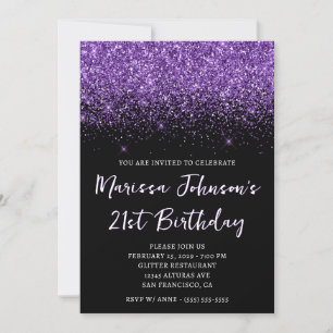 Sparkly Royal Purple Glitter Black 21st Birthday Invitation