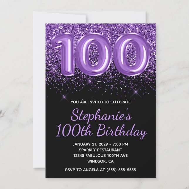 Sparkly Royal Purple Glitter Black Number 100 Invitation (Front)