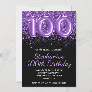 Sparkly Royal Purple Glitter Black Number 100 Invitation