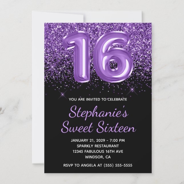 Sparkly Royal Purple Glitter Black Number 16 Invitation (Front)