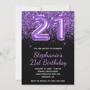 Sparkly Royal Purple Glitter Black Number 21 Invitation