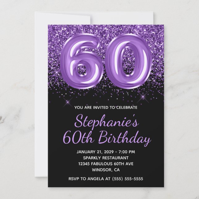 Sparkly Royal Purple Glitter Black Number 60 Invitation (Front)