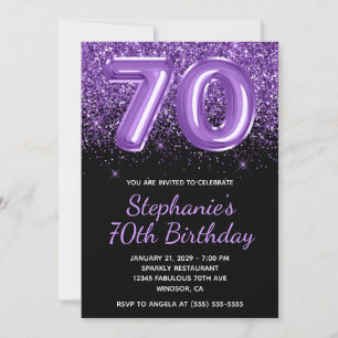 Sparkly Royal Purple Glitter Black Number 70 Invitation
