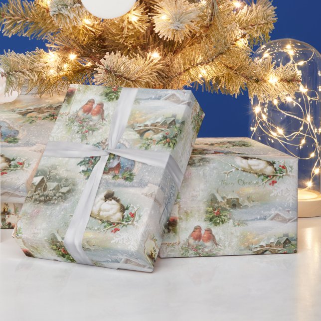 Sparkly Rustic Christmas Winter Scenes Collage Wrapping Paper (Holidays)