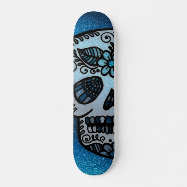 Sparkly Sapphire Glitter Sugar Skull Tattoo Design Skateboard (Front)