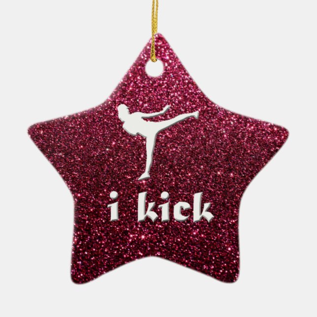 Sparkly Shimmering fuchsia  'i kick' custom Ceramic Tree Decoration (Front)