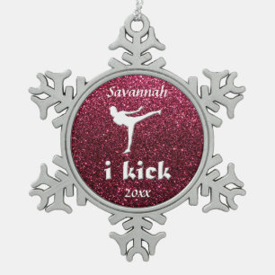 Sparkly Shimmering fuchsia 'i kick' custom Snowflake Pewter Christmas Ornament