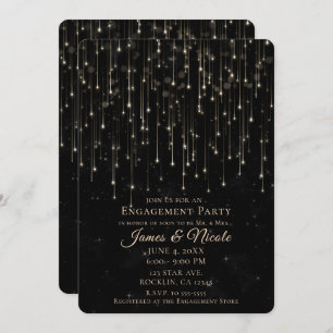 Sparkly Shooting Stars Black Chic Engagement Party Invitation