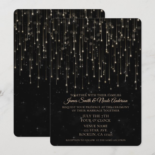 Sparkly Shooting Stars Black Chic Modern Wedding Invitation (Front/Back)