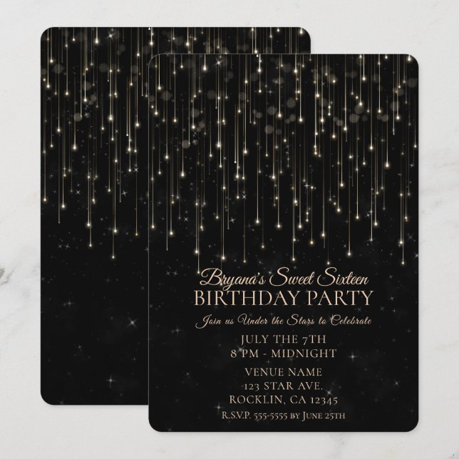 Sparkly Shooting Stars Black Chic Sweet 16 Invitation (Front/Back)