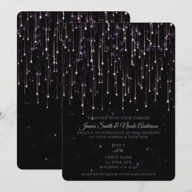 Sparkly Shooting Stars Purple Chic Modern Wedding  Invitation (Front/Back)