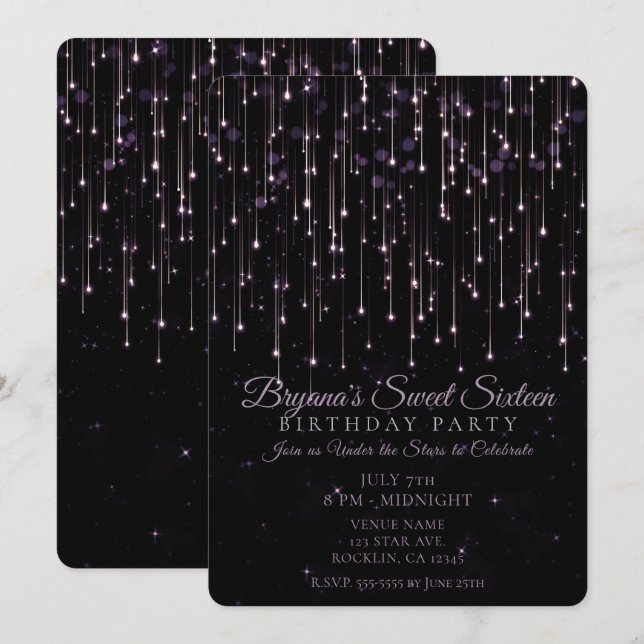 Sparkly Shooting Stars Purple Sweet 16 Party Invit Invitation (Front/Back)