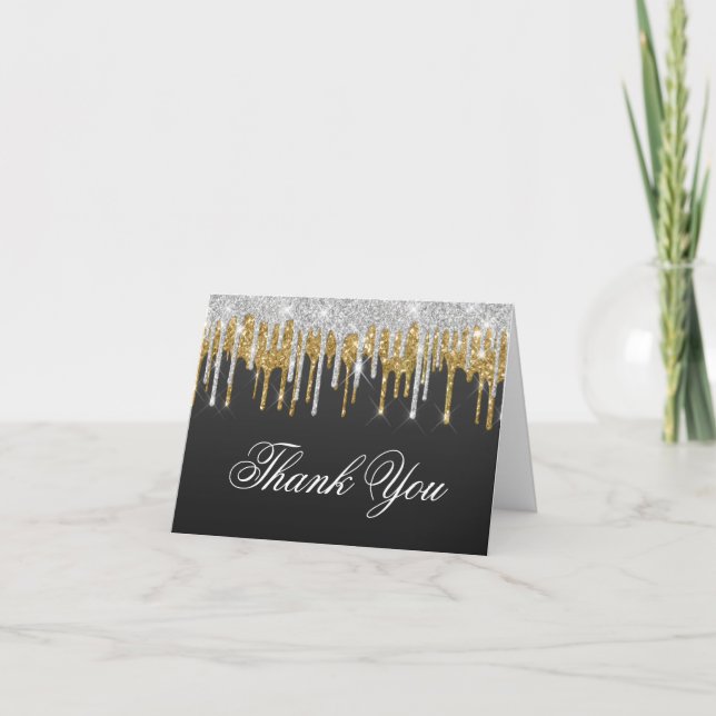 Sparkly Silver and Gold Christmas Glitter Drips Thank You Card (Front)